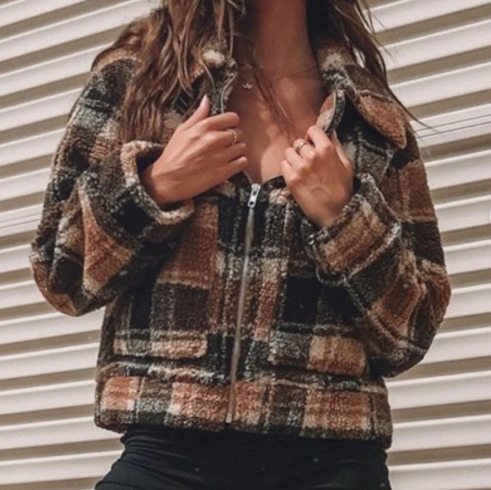 NWOT Princess Polly Doria Jacket Brown Plaid Cropped Oversized Boxy Zip Teddy